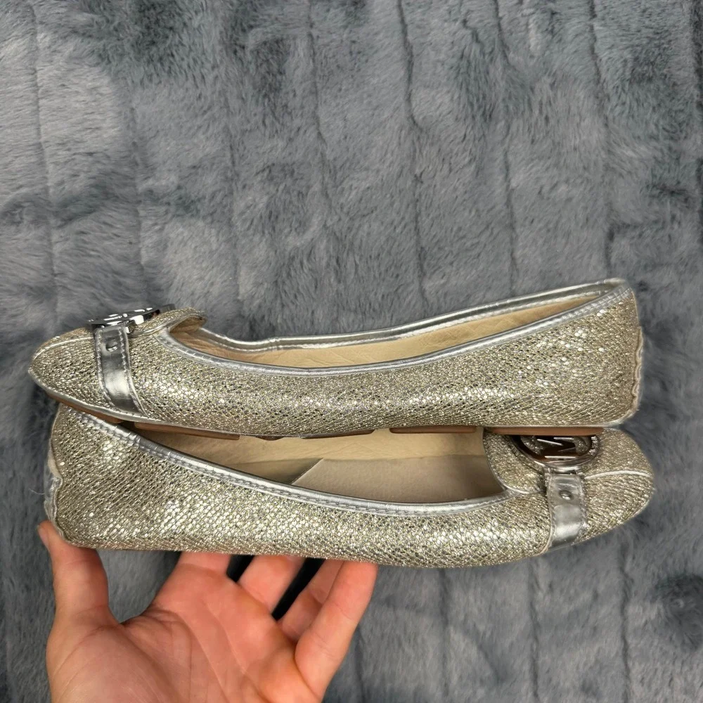 Michael Kors Fulton Moccasin Women 9M Silver Gold Glitter Logo Flat Shoes 9935